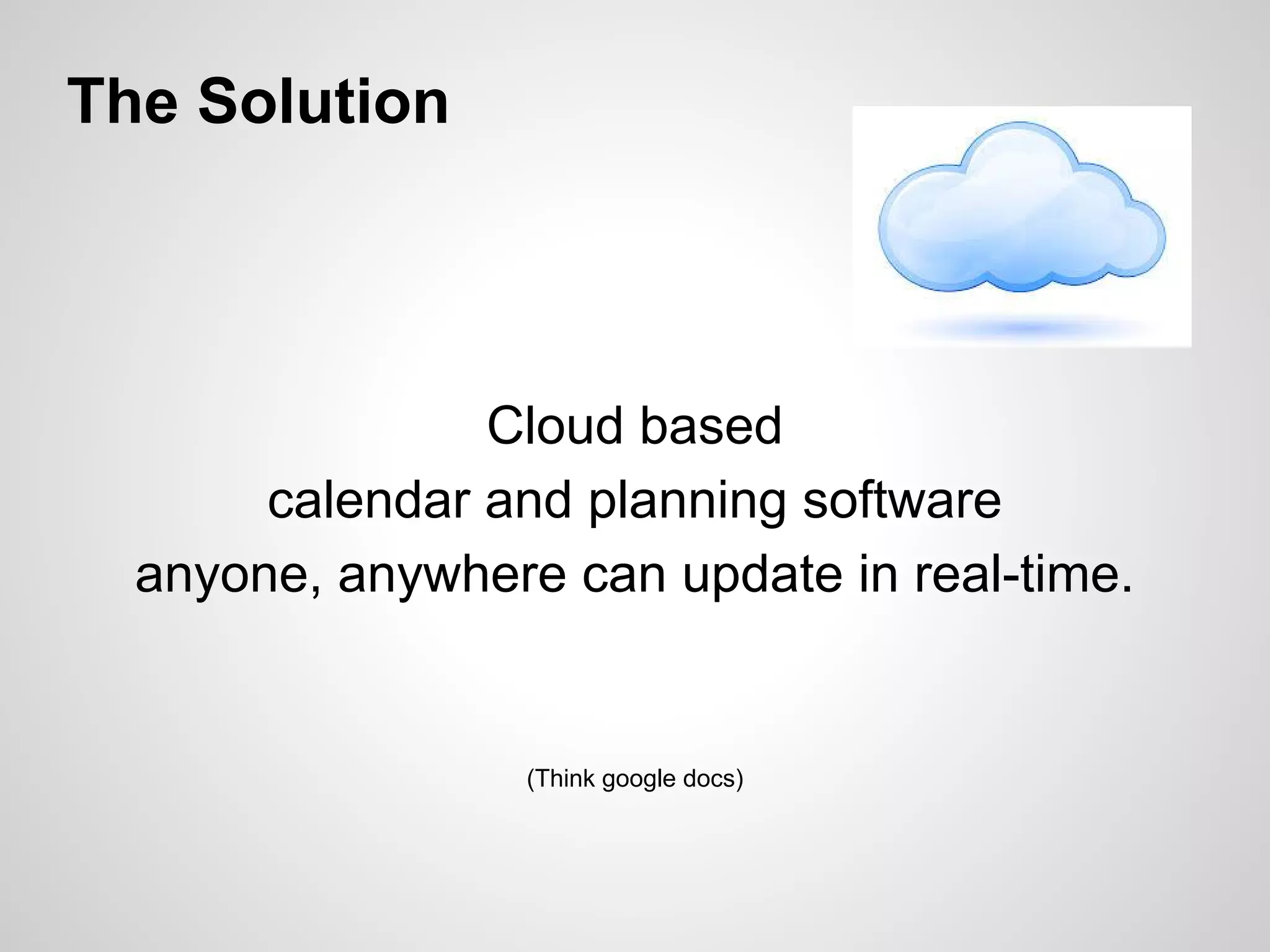 The Solution
Cloud based
calendar and planning software
anyone, anywhere can update in real-time.
(Think google docs)
 