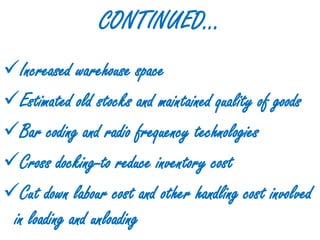 CONTINUED…
Increased warehouse space
Estimated old stocks and maintained quality of goods
Bar coding and radio frequency technologies
Cross docking-to reduce inventory cost
Cut down labour cost and other handling cost involved
 in loading and unloading
 