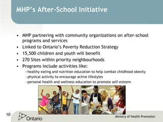 MHP’s After-School Initiative MHP partnering with community organizations on after-school programs and services  Linked to Ontario’s Poverty Reduction Strategy  15,500 children and youth will benefit  270 Sites within priority neighbourhoods Programs include activities like: healthy eating and nutrition education to help combat childhood obesity  physical activity to encourage active lifestyles  personal health and wellness education to promote self-esteem  