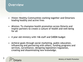 Overview  Vision:  Healthy Communities working together and Ontarians leading healthy and active lives Mission:  To champion health promotion across Ontario and inspire partners to create a culture of health and well being for all 4 year old ministry with 146 staff and $400M budget Achieve goals through social marketing, public education, influencing and partnering with others, funding programs and services, surveillance, designing legislation/regulation, creating and disseminating new knowledge.  