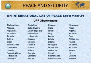 UN INTERNATIONAL DAY OF PEACE September 21
UPF Observances
Afghanistan
Albania
Argentina
Australia
Austria
Bolivia
Brazil
Burkina Faso
Cambodia
Canada
Central African
Republic
Colombia
Costa Rica
Cote d’Ivoire
Czech Republic
Dominican
Republic
Ecuador
Estonia
Finland
France
Gabon
Georgia
Germany
Ghana
Guyana
India
Israel
Italy
Japan
Latvia
Liberia
Malaysia
Marshall Is.
Moldova
Nepal
Netherlands
New Zealand
Nicaragua
Niger
Nigeria
Norway
Peru
Philippines
Russia
Sri Lanka
St. Lucia
Taiwan
UK
Ukraine
Zambia
PEACE AND SECURITY
 