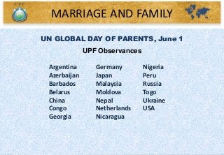 UN GLOBAL DAY OF PARENTS, June 1
UPF Observances
Argentina
Azerbaijan
Barbados
Belarus
China
Congo
Georgia
Germany
Japan
Malaysia
Moldova
Nepal
Netherlands
Nicaragua
Nigeria
Peru
Russia
Togo
Ukraine
USA
MARRIAGE AND FAMILY
 
