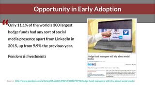 Opportunity in Early Adoption
“
Source: http://www.pionline.com/article/20160307/PRINT/303079990/hedge-fund-managers-still...