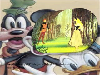 Sleeping Beauty  (1959) began with high hopes but ended with disappointment. Highly stylized treatment tended to slow the action and interfere with character development. 