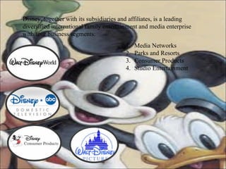 Disney, together with its subsidiaries and affiliates, is a leading diversified international family entertainment and media enterprise with four business segments: Media Networks  Parks and Resorts  Consumer Products  Studio Entertainment 