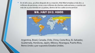 • En el año 2012, 50 años después de su creación,Wal-Mart emplea a más de 2.2
millones de personas, sirve a 200 millones de clientes cada semana, y cuenta con
más de 10,000 tiendas en 27 países, dentro de los cuales se encuentran
Argentina, Brasil, Canada, Chile, China, Costa Rica, EL Salvador,
Guatemala, Honduras, Japón, México, Nicaragua, Puerto Rico,
Reino Unido y por supuesto Estados Unidos.
 