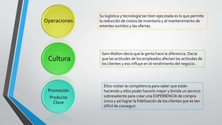 Operaciones
Su logística y tecnología tan bien ejecutada es lo que permite
la reducción de costos de inventario y el mantenimiento de
estantes surtidos y las ofertas.
Cultura
SamWalton decía que la gente hace la diferencia. Decía
que las actitudes de los empleados afectan las actitudes de
los clientes y eso influye en el rendimiento del negocio.
Promoción
Producto
Clave
Ellos visitan la competencia para saber que están
haciendo y ellos poder hacerlo mejor y brinda un servicio
sobresaliente para crear una EXPERIENCIA de compra
única y así lograr la fidelización de los clientes que es tan
difícil de conseguir.
 