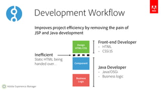 Development Workflow 
Improves project efficiency by removing the pain of 
JSP and Java development 
Adobe Experience Manager 
Design 
HTML/CSS 
Component 
Business 
Logic 
Inefficient 
Static HTML being 
handed over… 
Front-end Developer 
– HTML 
– CSS/JS 
Java Developer 
– Java/OSGi 
– Business logic 
 