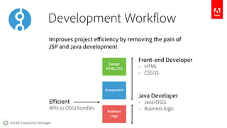 Development Workflow 
Improves project efficiency by removing the pain of 
JSP and Java development 
Adobe Experience Manager 
Design 
HTML/CSS 
Component 
Business 
Logic 
Front-end Developer 
– HTML 
– CSS/JS 
Java Developer 
– Java/OSGi 
– Business logic 
Efficient 
APIs to OSGi bundles 
 