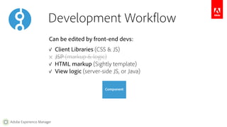 Development Workflow 
Can be edited by front-end devs: 
✓ Client Libraries (CSS & JS) 
✕ JSP (markup & logic) 
✓ HTML markup (Sightly template) 
✓ View logic (server-side JS, or Java) 
Adobe Experience Manager 
Component 
 