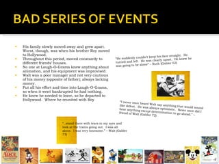 His family slowly moved away and grew apart.  Worst, though, was when his brother Roy moved to Hollywood. Throughout this period, moved constantly to different friends’ houses. No one at Laugh-O-Grams knew anything about animation, and his equipment was improvised.  Walt was a poor manager and not very cautious of his money (opposite of father); always lacking money. Put all his effort and time into Laugh-O-Grams, so when it went bankrupted he had nothing. He knew he needed to leave, so he departed to Hollywood.  Where he reunited with Roy “ He suddenly couldn’t keep his face straight.  He turned and left.  He was clearly upset.  He knew he was going to be alone” – Ruth (Gabler 62) “ I never once heard Walt say anything that would sound like defeat.  He was always optimistic.  Never once did I hear anything except determination to go ahead.” – friend of Walt (Gabler 72) “ ..stand there with tears in my eyes and look at the trains going out.  I was all alone.  I was very lonesome.” – Walt (Gabler 73) 