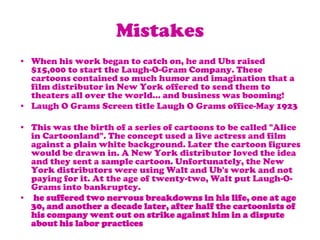 MistakesWhen his work began to catch on, he and Ubs raised $15,000 to start the Laugh-O-Gram Company. These cartoons contained so much humor and imagination that a film distributor in New York offered to send them to theaters all over the world... and business was booming! Laugh O Grams Screen title Laugh O Grams office-May 1923This was the birth of a series of cartoons to be called "Alice in Cartoonland". The concept used a live actress and film against a plain white background. Later the cartoon figures would be drawn in. A New York distributor loved the idea and they sent a sample cartoon. Unfortunately, the New York distributors were using Walt and Ub's work and not paying for it. At the age of twenty-two, Walt put Laugh-O-Grams into bankruptcy.he suffered two nervous breakdowns in his life, one at age 30, and another a decade later, after half the cartoonists of his company went out on strike against him in a dispute about his labor practices