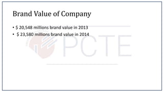 Brand Value of Company
• $ 20,548 millions brand value in 2013
• $ 23,580 millions brand value in 2014
 