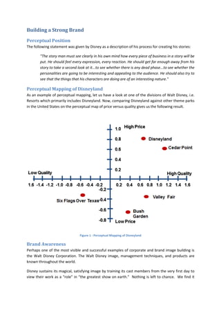 Building a Strong Brand
Perceptual Position
The following statement was given by Disney as a description of his process for creating his stories:
"The story man must see clearly in his own mind how every piece of business in a story will be
put. He should feel every expression, every reaction. He should get far enough away from his
story to take a second look at it...to see whether there is any dead phase...to see whether the
personalities are going to be interesting and appealing to the audience. He should also try to
see that the things that his characters are doing are of an interesting nature."
Perceptual Mapping of Disneyland
As an example of perceptual mapping, let us have a look at one of the divisions of Walt Disney, i.e.
Resorts which primarily includes Disneyland. Now, comparing Disneyland against other theme parks
in the United States on the perceptual map of price versus quality gives us the following result.
Figure 1 - Perceptual Mapping of Disneyland
Brand Awareness
Perhaps one of the most visible and successful examples of corporate and brand image building is
the Walt Disney Corporation. The Walt Disney image, management techniques, and products are
known throughout the world.
Disney sustains its magical, satisfying image by training its cast members from the very first day to
view their work as a “role” in “the greatest show on earth.” Nothing is left to chance. We find it
 