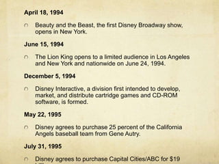 April 18, 1994
Beauty and the Beast, the first Disney Broadway show,
opens in New York.
June 15, 1994
The Lion King opens to a limited audience in Los Angeles
and New York and nationwide on June 24, 1994.
December 5, 1994
Disney Interactive, a division first intended to develop,
market, and distribute cartridge games and CD-ROM
software, is formed.
May 22, 1995
Disney agrees to purchase 25 percent of the California
Angels baseball team from Gene Autry.
July 31, 1995
Disney agrees to purchase Capital Cities/ABC for $19
 