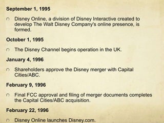 September 1, 1995
Disney Online, a division of Disney Interactive created to
develop The Walt Disney Company's online presence, is
formed.
October 1, 1995
The Disney Channel begins operation in the UK.
January 4, 1996
Shareholders approve the Disney merger with Capital
Cities/ABC.
February 9, 1996
Final FCC approval and filing of merger documents completes
the Capital Cities/ABC acquisition.
February 22, 1996
Disney Online launches Disney.com.
 