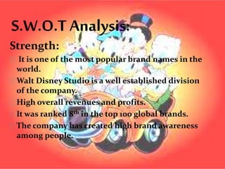 S.W.O.T Analysis:
Strength:
It is one of the most popular brand names in the
world.
Walt Disney Studio is a well established division
of the company.
High overall revenues and profits.
It was ranked 8th in the top 100 global brands.
The company has created high brand awareness
among people.
 