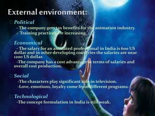 Externalenvironment:
Political
- The company gets tax benefits for the animation industry.
- Training practices are increasing.
Economical
- The salary for an animated professional in India is 600 US
dollar and in other developing countries the salaries are near
1200 US dollar.
-The company has a cost advantage in terms of salaries and
overall cost production.
Social
-The characters play significant role in television.
-Love, emotions, loyalty come from different programs.
Technological
-The concept formulation in India is still weak.
 