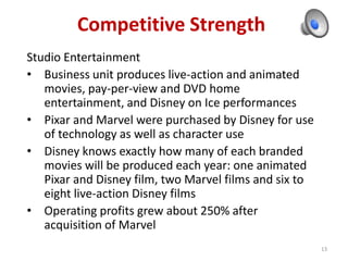 Competitive Strength
Studio Entertainment
• Business unit produces live-action and animated
movies, pay-per-view and DVD home
entertainment, and Disney on Ice performances
• Pixar and Marvel were purchased by Disney for use
of technology as well as character use
• Disney knows exactly how many of each branded
movies will be produced each year: one animated
Pixar and Disney film, two Marvel films and six to
eight live-action Disney films
• Operating profits grew about 250% after
acquisition of Marvel
13

 