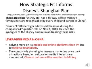 How Strategic Fit Informs
Disney’s Shanghai Plan
(http://skift.com/2013/11/08/how-disney-plans-to-build-a-brand-in-china-before-shanghai-park-opening)

There are risks: “Disney still has a far way before Mickey’s
famous ears are recognizable by every child and parent in China”.
Disney CEO Robert Iger addressed the issue during the
company’s 4th quarter call on Nov 7, 2013. He cited the
synergies of the Disney empire in addressing these risks:

LEVERAGING MEDIA In CHINA:
• Relying more on its mobile and online platforms than TV due
to national restrictions.
• The company is planning to increase marketing once park
attractions based on cultural or media interests are
announced. Chinese culture will be wedded to Mickey.
22

 