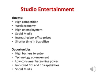 Studio Entertainment
Threats:
• High competition
• Weak economy
• High unemployment
• Social Media
• Increasing box office prices
• Shorter time in box office
Opportunities:
• High barriers to entry
• Technology advancement
• Low consumer bargaining power
• Improved CGI and 3D capabilities
• Social Media

6

 