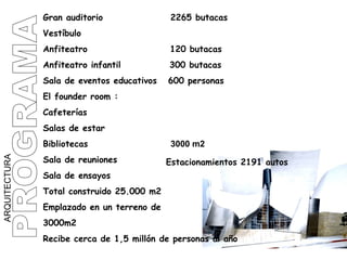 PROGRAMA ARQUITECTURA Gran auditorio  2265 butacas Vestíbulo  Anfiteatro  120 butacas Anfiteatro infantil  300 butacas Sala de eventos educativos  600 personas El founder room :  Cafeterías Salas de estar Bibliotecas  3000 m2 Sala de reuniones Sala de ensayos Total construido 25.000 m2 Emplazado en un terreno de  3000m2 Recibe cerca de 1,5 millón de personas al año Estacionamientos 2191 autos 