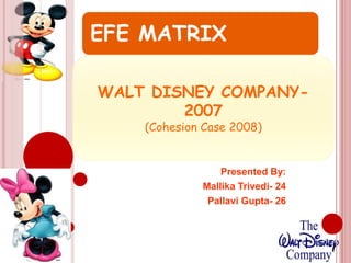 EFE MATRIX
Presented By:
Mallika Trivedi- 24
Pallavi Gupta- 26
WALT DISNEY COMPANY-
2007
(Cohesion Case 2008)
 