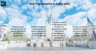 Real Time Analytics at theme parks
Forecasting the
waiting time for its
various attractions
to enhance
experience.
Disney’s Fastpass7
means guests can
avoid long queues
by giving them a
one-hour window
For those waiting
in the regular line,
Disney runs
forecasting models
that predict
waiting times,
with the output
displayed for
guests to see.
Guests can decide
whether to enter
the queue, return
later or take a
Fastpass ticket8.
 