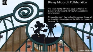 DADisney Microsoft Collaboration
• Five -year Plan to introduce cloud technology to
Disney’s production and distribution processes in
entertainment.
• Through Microsoft Azure cloud technology, Disney will
get the ability to cut down on the different copies of
the same file.
 