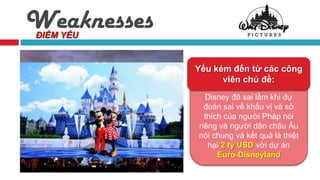 Weaknesses
ĐIỂM YẾU


             Yếu kém đến từ các công
                   viên chủ đề:
               Disney đã sai lầm khi dự
               đoán sai về khẩu vị và sở
               thích của người Pháp nói
             riêng và người dân châu Âu
             nói chung và kết quả là thiệt
                hại 2 tỷ USD với dự án
                   Euro-Disneyland
 