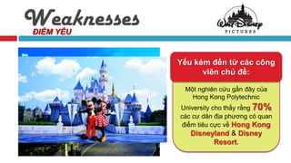 Weaknesses
ĐIỂM YẾU


             Yếu kém đến từ các công
                   viên chủ đề:
              Disney đã sai lầm khi dự
              Một nghiên cứu gần đây của
              đoán sai về khẩu vị và sở
                Hong Kong Polytechnic
               thích của người Pháp nói
             University cho thấy rằng 70%
             các cưvà người dân châu Âu
             riêng dân địa phương có quan
             nói chung và về Hong là thiệt
              điểm tiêu cực kết quả Kong
               hại 2 tỷ USD & Disney
               Disneyland với dự án
                 Euro-Disneyland
                       Resort.
 