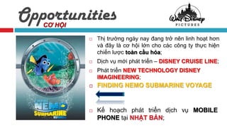 Opportunities
   CƠ HỘI

               Thị trường ngày nay đang trở nên linh hoạt hơn
                và đây là cơ hội lớn cho các công ty thực hiện
                chiến lược toàn cầu hóa;
               Dịch vụ mới phát triển – DISNEY CRUISE LINE;
               Phát triển NEW TECHNOLOGY DISNEY
                IMAGINEERING;
               FINDING NEMO SUBMARINE VOYAGE


               Kế hoạch phát triển dịch vụ MOBILE
                PHONE tại NHẬT BẢN;
 