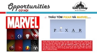 Opportunities
   CƠ HỘI

                  THÂU TÓM PIXAR VÀ MARVEL…




            Theo thỏa thuận được công bố ngày 31/8 giữa hai bên, Disney sẽ
            trả cho Marvel bằng tiền mặt và cổ phiếu. Trong đó, giá cổ phiếu
            của Marvel được tính là gần 50 USD/cổ phiếu, cao hơn 29% so
            với giá thị trường. Thông tin về vụ mua lại này đã đẩy giá cổ phiếu
            của Marvel tăng vọt 25% trong phiên giao dịch ngày 31/8, đạt mức
            48,37 USD/cổ phiếu.
 