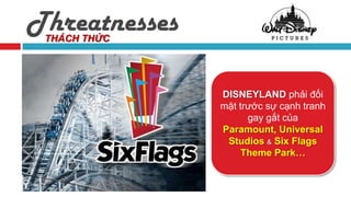 Threatnesses
 THÁCH THỨC




               DISNEYLAND phải đối
               mặt trước sự cạnh tranh
                     gay gắt của
               Paramount, Universal
                Studios & Six Flags
                    Theme Park…
 