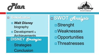 Plan
   Introduction           SWOT Analysis
     Walt Disney
                             Strenght
      biography
     Development &          Weaknesses
      Archievements
                             Opportunities
   DISNEY Strategies
     Strategies
                             Threatnesses

     Conclusion
 