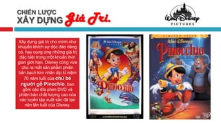 CHIẾN LƯỢC
XÂY DỰNG Giá                     Tri.
Xây dựng giá trị cho mình như
khuyến khích sự độc đáo riêng
có, hay cung ứng những giá trị
 đặc biệt trong một khoản thời
gian giới hạn. Disney cũng vừa
  cho ra mắt sản phẩm phiên
bản bạch kim nhân dịp kỉ niệm
   70 năm tuổi của chú bé
  người gỗ Pinochio, bao
   gồm các đĩa phim DVD và
phiên bản chất lượng cao của
 các tuyến tập xuất sắc đã tạo
    nên tên tuổi của Disney.
 
