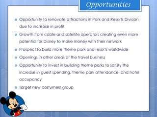 Opportunities

   Opportunity to renovate attractions in Park and Resorts Division
    due to increase in profit

   Growth from cable and satellite operators creating even more
    potential for Disney to make money with their network

   Prospect to build more theme park and resorts worldwide

   Openings in other areas of the travel business

   Opportunity to invest in building theme parks to satisfy the
    increase in guest spending, theme park attendance, and hotel
    occupancy

   Target new costumers group
 