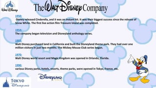 1950:
Disney released Cinderella, and it was an instant hit. It was their biggest success since the release of
Snow White. The first live action film Treasure Island was completed.
1954:
The company began television and Disneyland anthology series.
1955:
Walt Disney purchased land in California and built the Disneyland theme park. They had over one
million visitors in just two months. The Mickey Mouse Club series began.
1970:
Walt Disney world resort and Magic Kingdom was opened in Orlando, Florida.
1990:
various Disney parks, hotels, resorts, theme parks, were opened in Tokyo, France, etc.
 