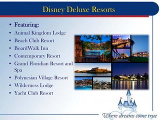 Disney Deluxe Resorts
• Featuring:
• Animal Kingdom Lodge
• Beach Club Resort
• BoardWalk Inn
• Contemporary Resort
• Grand Floridian Resort and
Spa
• Polynesian Village Resort
• Wilderness Lodge
• Yacht Club Resort
 