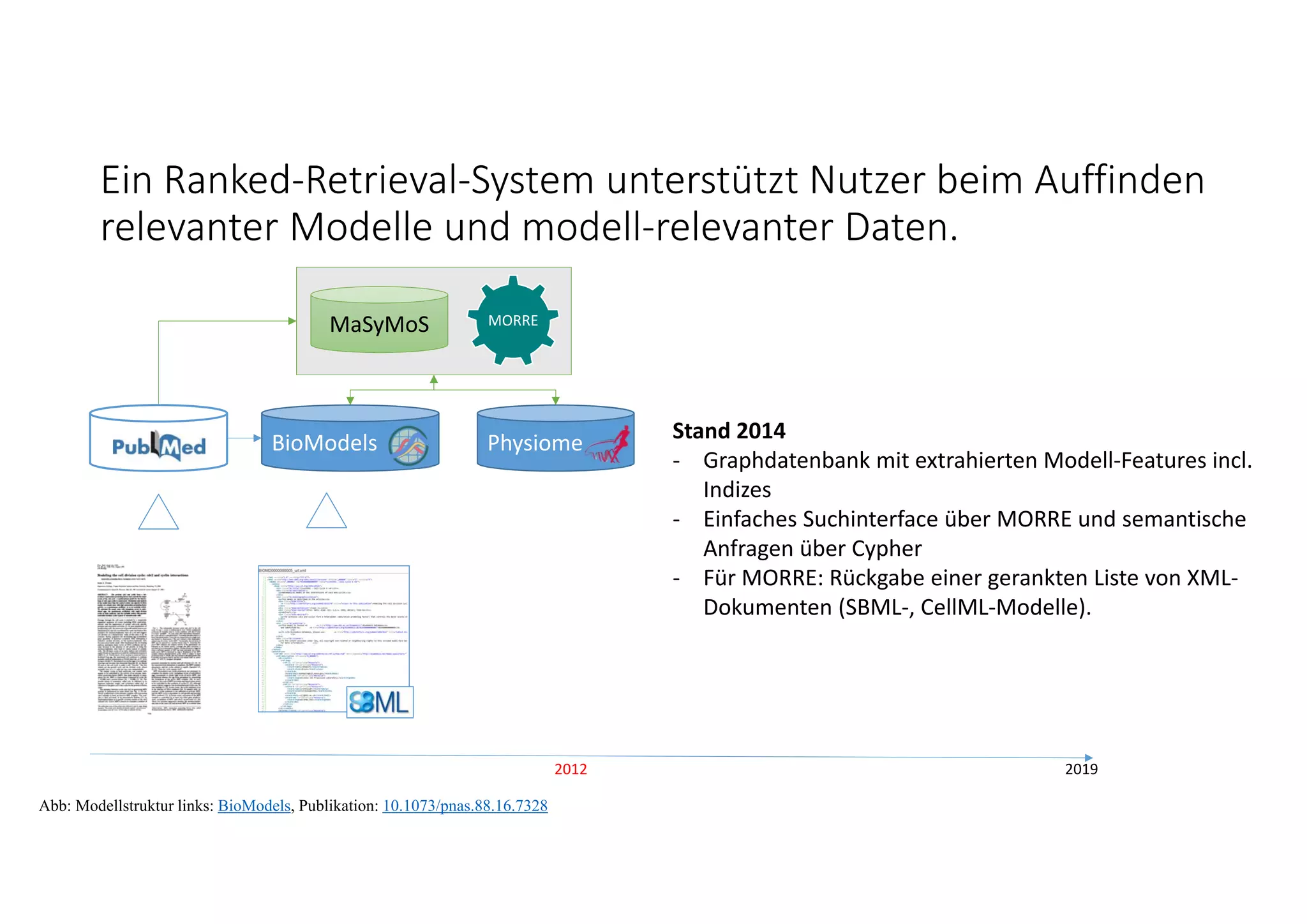 2019
Abb: Modellstruktur links: BioModels, Publikation: 10.1073/pnas.88.16.7328
Stand 2014
‐ Graphdatenbank mit extrahierten Modell‐Features incl.  
Indizes
‐ Einfaches Suchinterface über MORRE und semantische 
Anfragen über Cypher
‐ Für MORRE: Rückgabe einer gerankten Liste von XML‐
Dokumenten (SBML‐, CellML‐Modelle).
2012
MaSyMoS MORRE
PhysiomeBioModels
Ein Ranked‐Retrieval‐System unterstützt Nutzer beim Auffinden 
relevanter Modelle und modell‐relevanter Daten. 
 