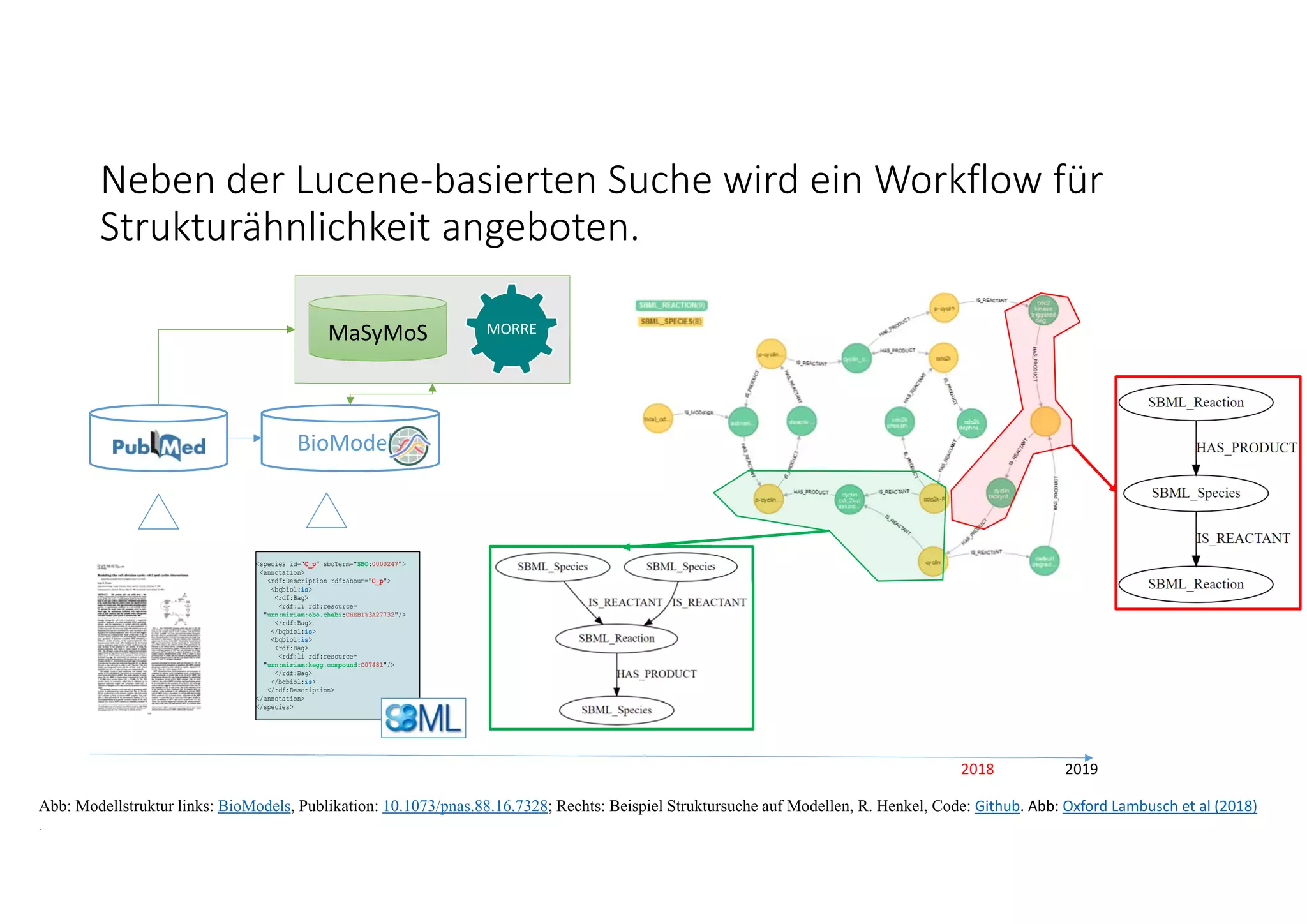 Neben der Lucene‐basierten Suche wird ein Workflow für 
Strukturähnlichkeit angeboten. 
2018 2019
Abb: Modellstruktur links: BioModels, Publikation: 10.1073/pnas.88.16.7328; Rechts: Beispiel Struktursuche auf Modellen, R. Henkel, Code: Github. Abb: Oxford Lambusch et al (2018)
.
<species id="C_p" sboTerm="SBO:0000247">
<annotation>
<rdf:Description rdf:about="C_p">
<bqbiol:is>
<rdf:Bag>
<rdf:li rdf:resource=
"urn:miriam:obo.chebi:CHEBI%3A27732"/>
</rdf:Bag>
</bqbiol:is>
<bqbiol:is>
<rdf:Bag>
<rdf:li rdf:resource=
"urn:miriam:kegg.compound:C07481"/>
</rdf:Bag>
</bqbiol:is>
</rdf:Description>
</annotation>
</species>
MaSyMoS MORRE
BioModels
 