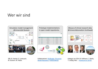 Wer wir sind
Kollegen am ICM: W. Hoffmann, T. Bahls,
T. Leddig; Abb.: .: Koenig et al. (2016)
Kollaboratoren: BioModels, Physiome
Model Repository, FAIRDOMHub
SBI: R. Henkel, F. Lambusch,
M. Scharm, M. Peters
Simulation model management
@Universität Rostock
(Re)use of clinical research data
@Universitätsmedizin Greifswald
Prototype implementations
in open model repositories
 