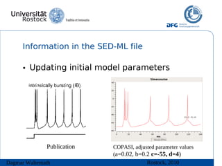 Information in the SED-ML file

      • Updating initial model parameters




              Publication   COPASI, adjusted parameter values
                            (a=0.02, b=0.2 c=-55, d=4)
Dagmar Waltemath                         Rostock, 2010
 