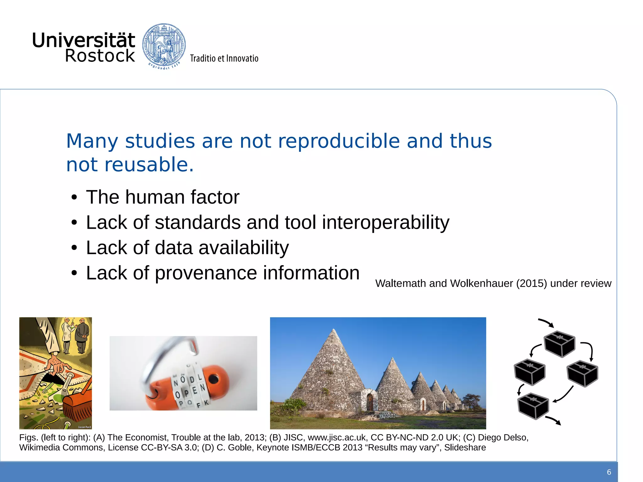 Many studies are not reproducible and thus
not reusable.
6
● The human factor
● Lack of standards and tool interoperability
● Lack of data availability
● Lack of provenance information
Figs. (left to right): (A) The Economist, Trouble at the lab, 2013; (B) JISC, www.jisc.ac.uk, CC BY-NC-ND 2.0 UK; (C) Diego Delso,
Wikimedia Commons, License CC-BY-SA 3.0; (D) C. Goble, Keynote ISMB/ECCB 2013 “Results may vary”, Slideshare
Waltemath and Wolkenhauer (2015) under review
 