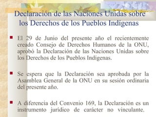Declaración de las Naciones Unidas sobre
los Derechos de los Pueblos Indígenas
 El 29 de Junio del presente año el recientemente
creado Consejo de Derechos Humanos de la ONU,
aprobó la Declaración de las Naciones Unidas sobre
los Derechos de los Pueblos Indígenas.
 Se espera que la Declaración sea aprobada por la
Asamblea General de la ONU en su sesión ordinaria
del presente año.
 A diferencia del Convenio 169, la Declaración es un
instrumento jurídico de carácter no vinculante.
 