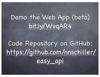 API Hackery:
      Customizing Your Library’s
         Services Using APIs

   Nicholas Schiller    Presentation site: bit...