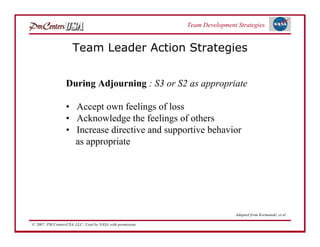 Team Development Strategies


                      Team Leader Action Strategies


                  During Adjourning : S3 or S2 as appropriate

                  • Accept own feelings of loss
                  • Acknowledge the feelings of others
                  • Increase directive and supportive behavior
                    as appropriate




                                                                            Adapted from Kormanski, et al

© 2007: PM CentersUSA, LLC: Used by NASA with permission.
 