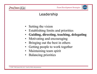Team Development Strategies


                                                    Leadership


                           •      Setting the vision
                           •      Establishing limits and priorities
                           •      Guiding, directing, teaching, delegating
                           •      Motivating and encouraging
                           •      Bringing out the best in others
                           •      Getting people to work together
                           •      Maintaining team spirit
                           •      Balancing priorities


© 2007: PM CentersUSA, LLC: Used by NASA with permission.
 