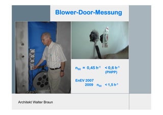 Architekt Walter Braun
Blower-Door-Messung
n50 = 0,45 h-1 < 0,6 h-1
(PHPP)
EnEV 2007
2009 n50 < 1,5 h-1
 