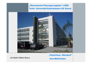 Architekt Walter Braun
„Ökonomische Planungsvorgaben“ (1996)
Techn. Universität Kaiserslautern (W. Braun)
„Passivhaus –Standard“
ohne Mehrkosten
 